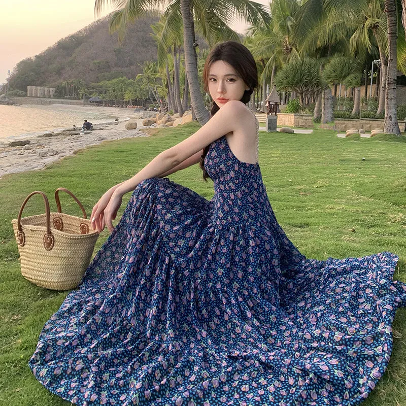 Blue Floral Dress Women Summer Spaghetti Strap Skirt V-Neck Holiday Long Dress 395