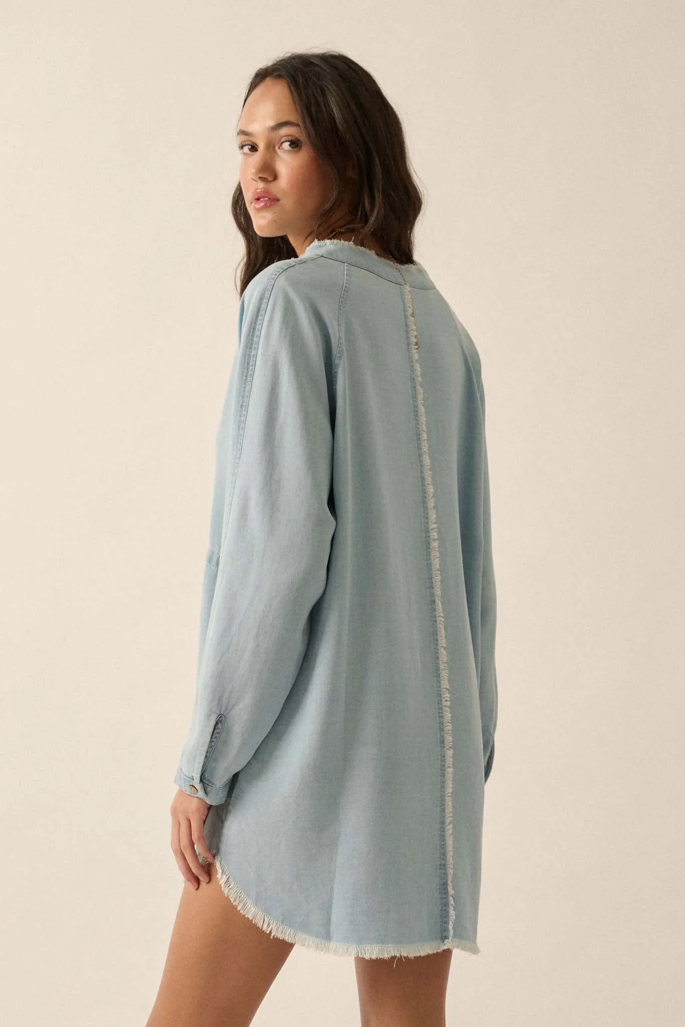 Blue Monday Raw-Edge Denim Mini Shirt Dress