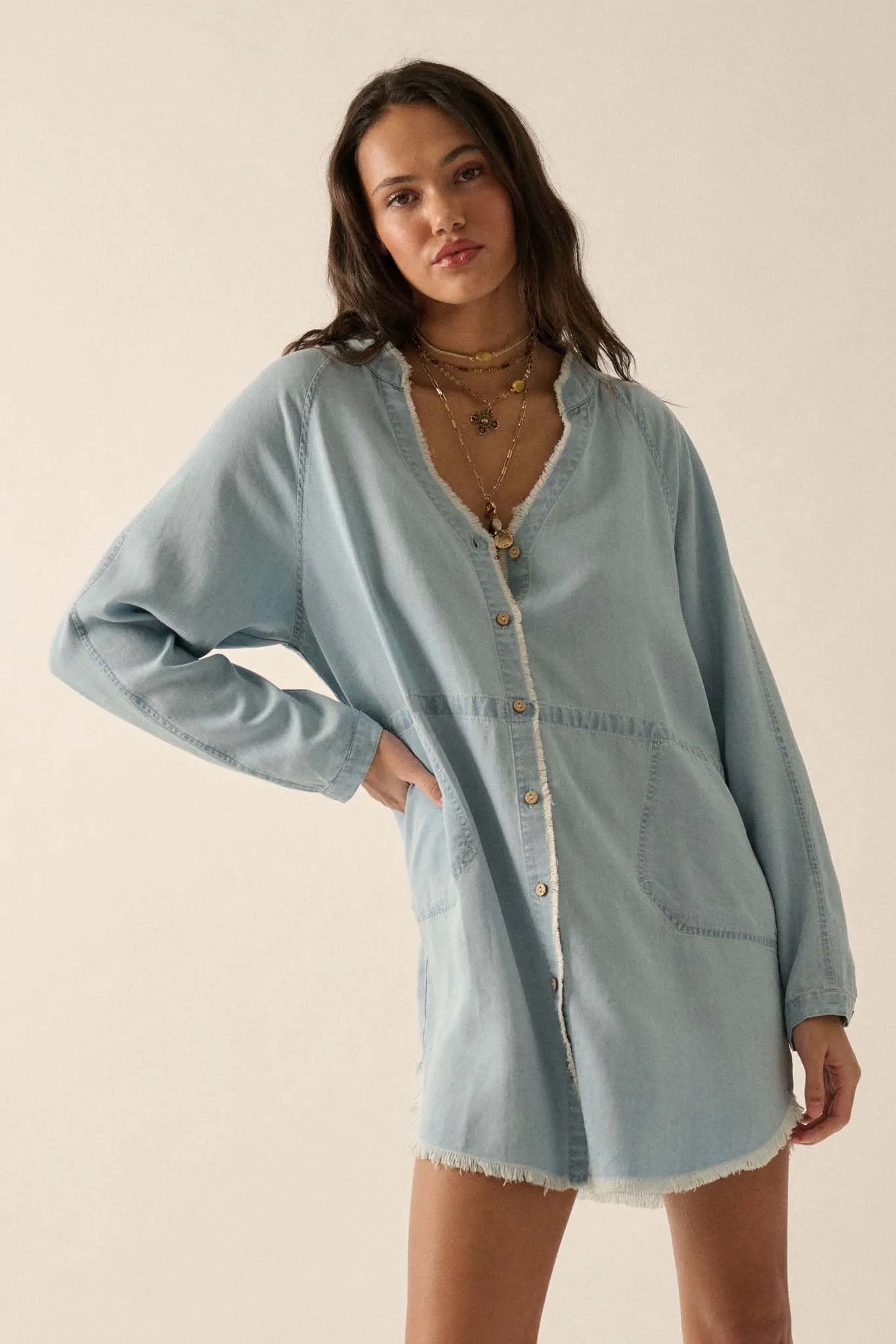 Blue Monday Raw-Edge Denim Mini Shirt Dress