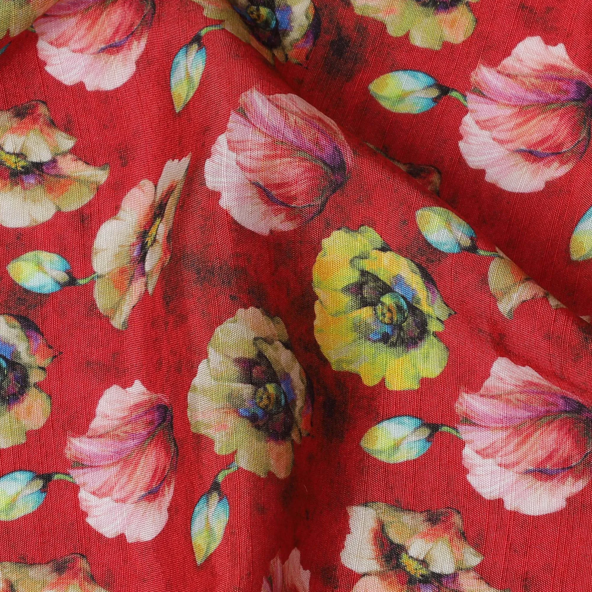 Bold Red and Yellow Floral Viscose Modal Satin Fabric - 110 cm Width-D19981