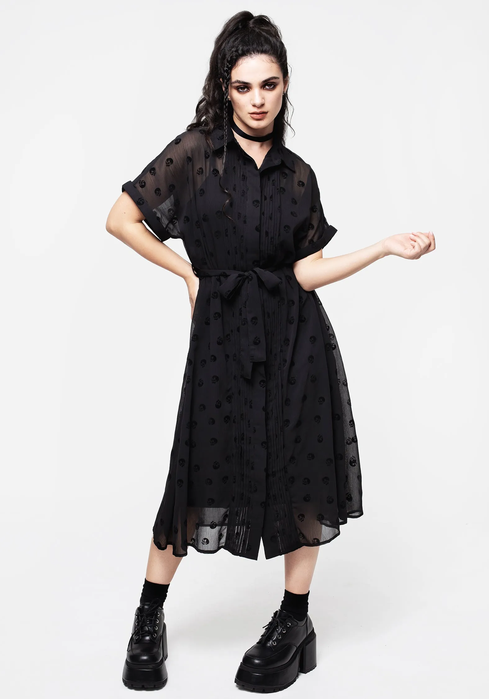 Bones Flocked Pintuck Chiffon Midi Shirt Dress