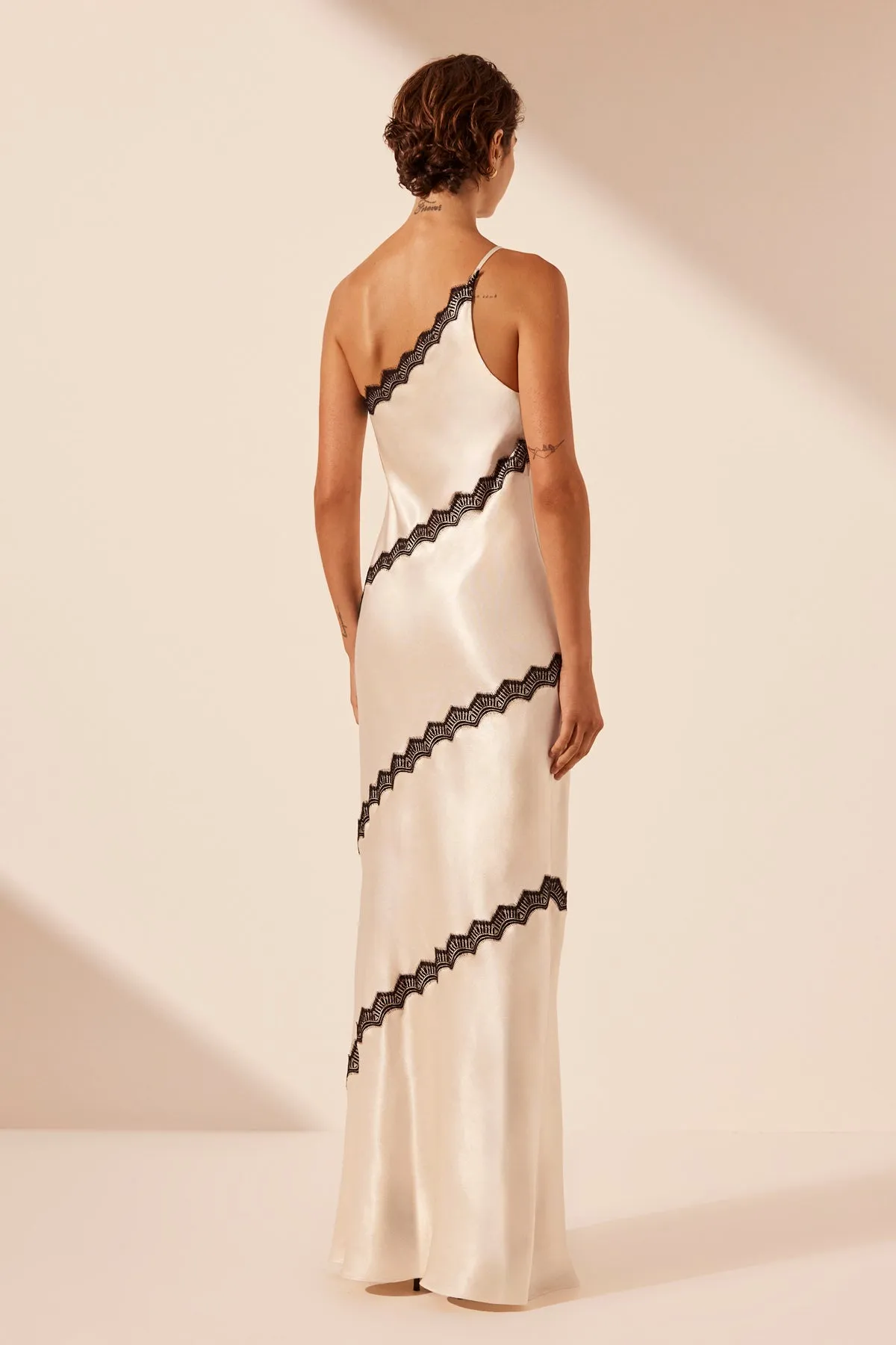 CAMILLE LACE ASYMMETRICAL MAXI DRESS - CREAM/BLACK