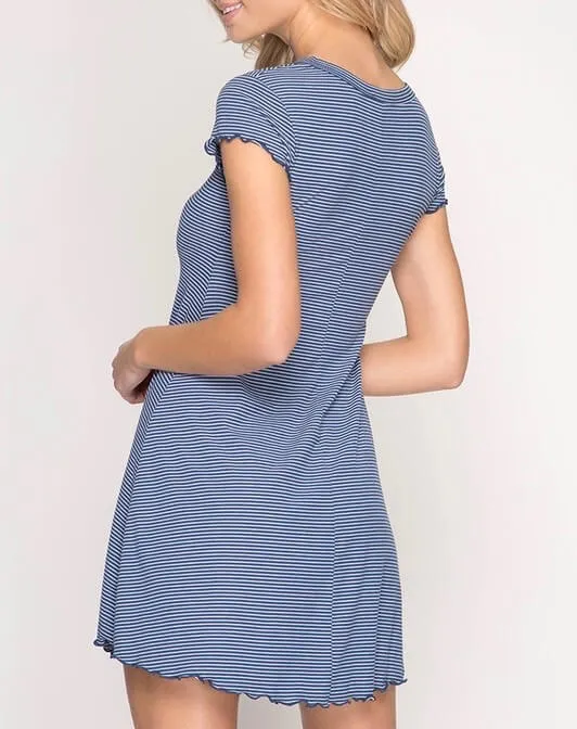 Cap Sleeve Striped Ribbed Swing Dress with Merrow Detail in More Colors