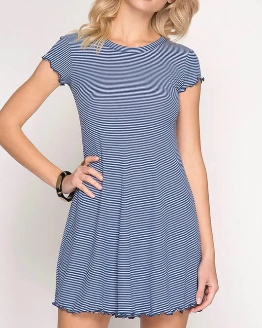 Cap Sleeve Striped Ribbed Swing Dress with Merrow Detail in More Colors