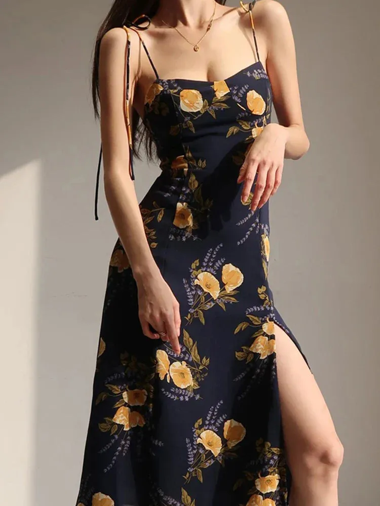 Casual Casual New Sleeveless Slim Suspender Floral Hem Printing Fit Backless Fashion 2024 Sexy Slit Vacation Dress Dress