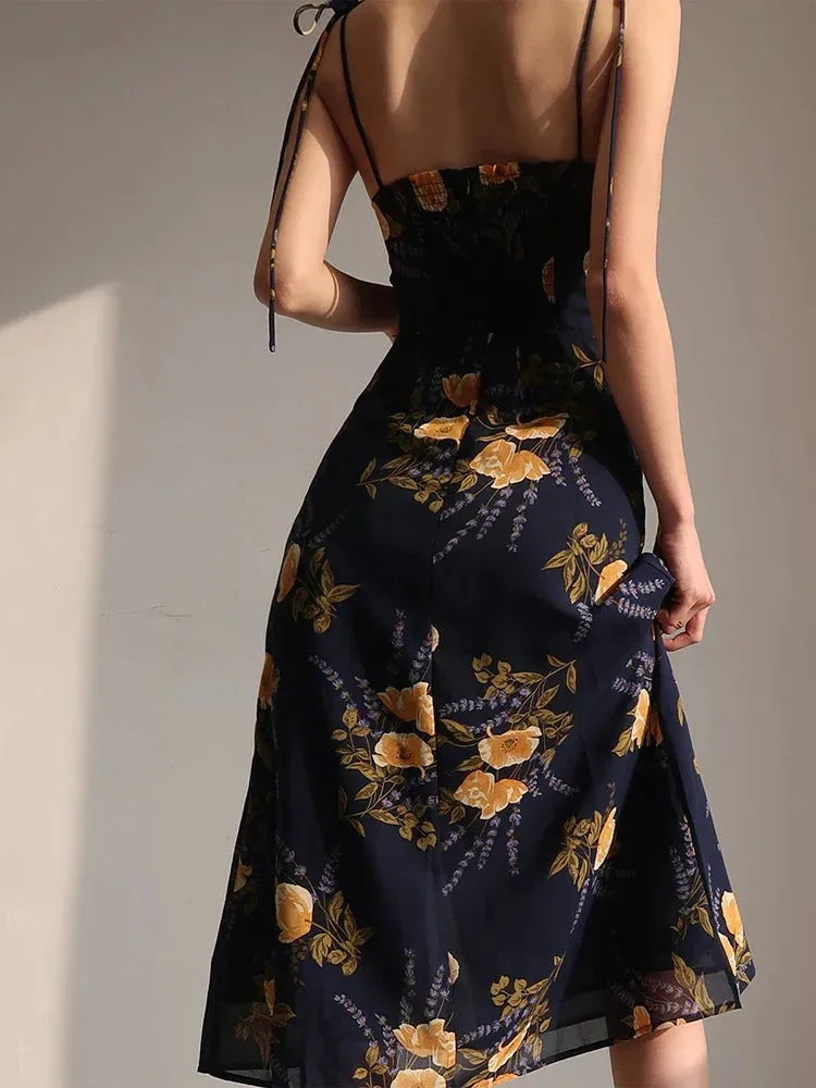 Casual Casual New Sleeveless Slim Suspender Floral Hem Printing Fit Backless Fashion 2024 Sexy Slit Vacation Dress Dress