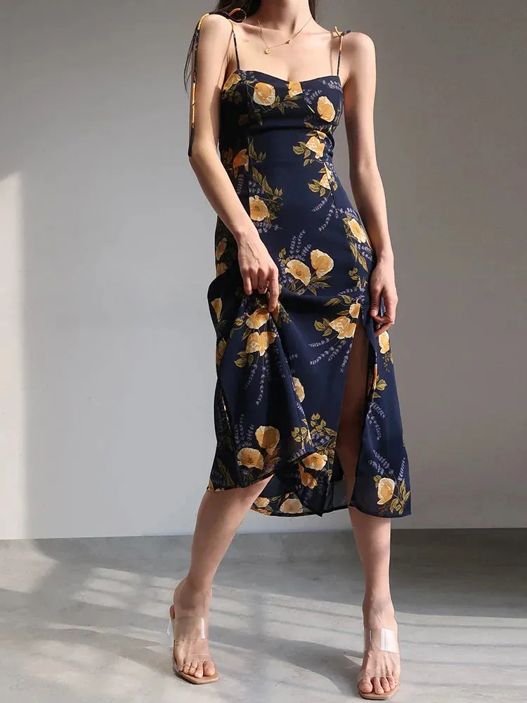 Casual Casual New Sleeveless Slim Suspender Floral Hem Printing Fit Backless Fashion 2024 Sexy Slit Vacation Dress Dress