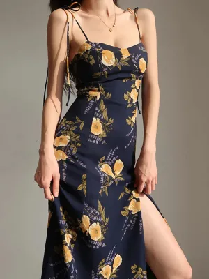 Casual Casual New Sleeveless Slim Suspender Floral Hem Printing Fit Backless Fashion 2024 Sexy Slit Vacation Dress Dress