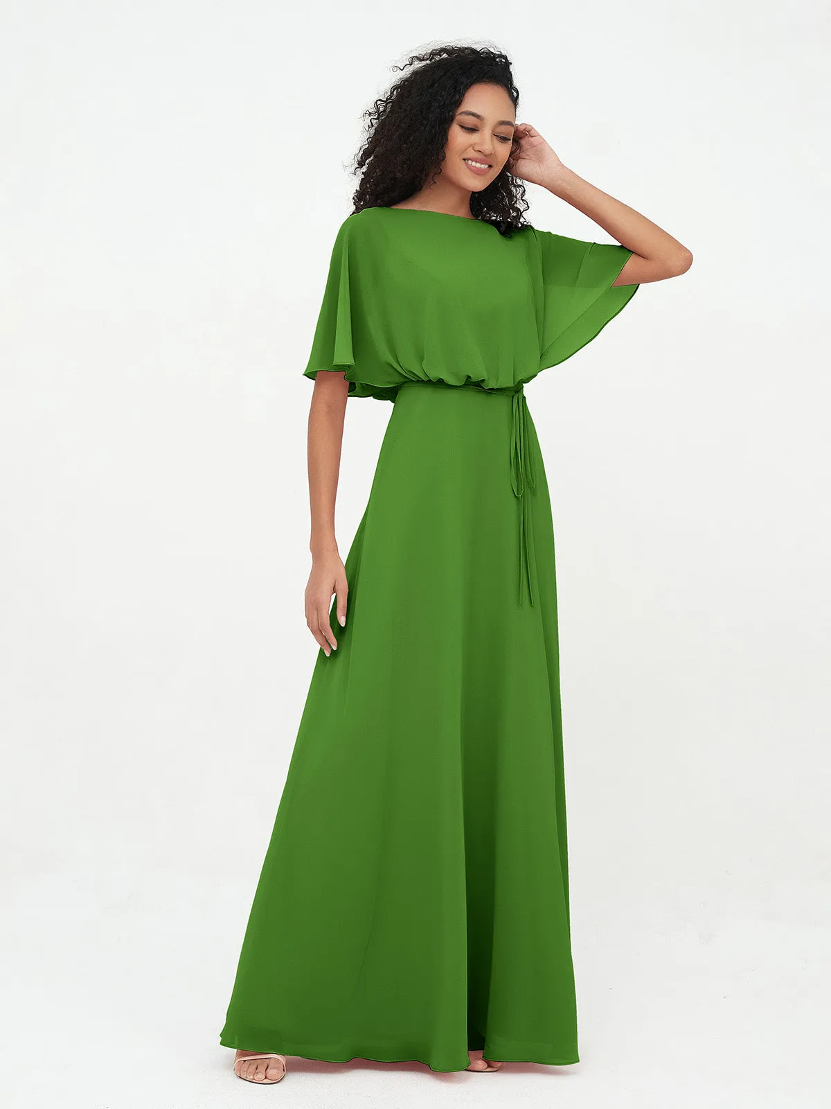 Chiffon Full Length Bridesmaid Dresses with Wrap Moss