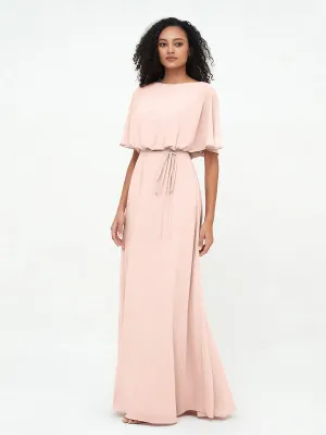 Chiffon Full Length Bridesmaid Dresses with Wrap Pearl Pink Plus Size