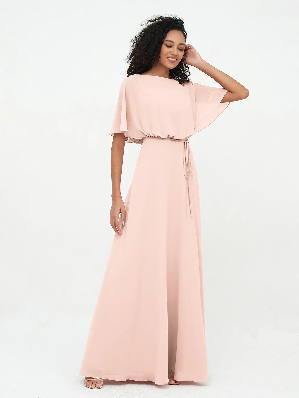 Chiffon Full Length Bridesmaid Dresses with Wrap Pearl Pink Plus Size