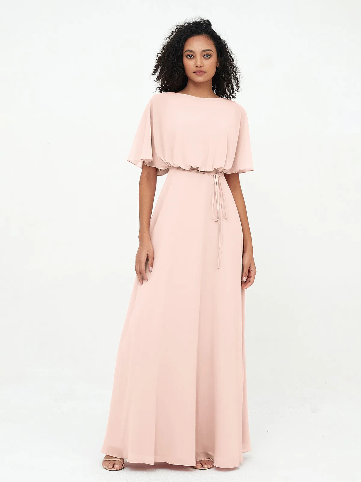 Chiffon Full Length Bridesmaid Dresses with Wrap Pearl Pink Plus Size