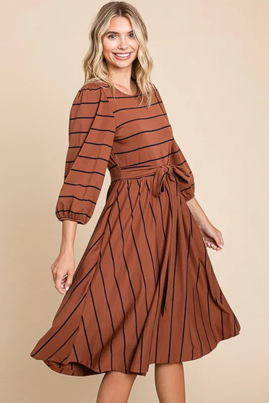 Chocolate Striped Midi Dress With Waist Tie