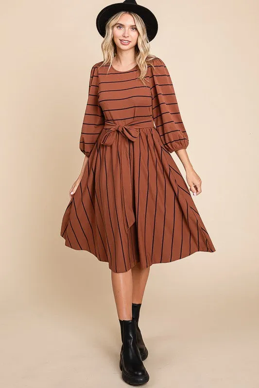 Chocolate Striped Midi Dress With Waist Tie