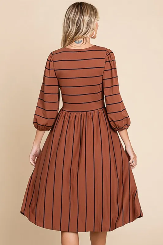 Chocolate Striped Midi Dress With Waist Tie