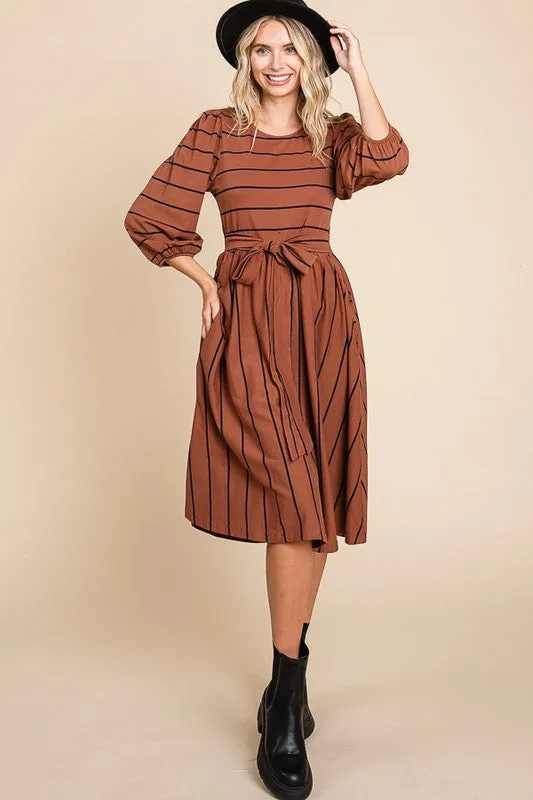 Chocolate Striped Midi Dress With Waist Tie