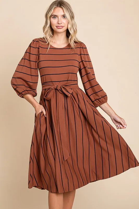 Chocolate Striped Midi Dress With Waist Tie