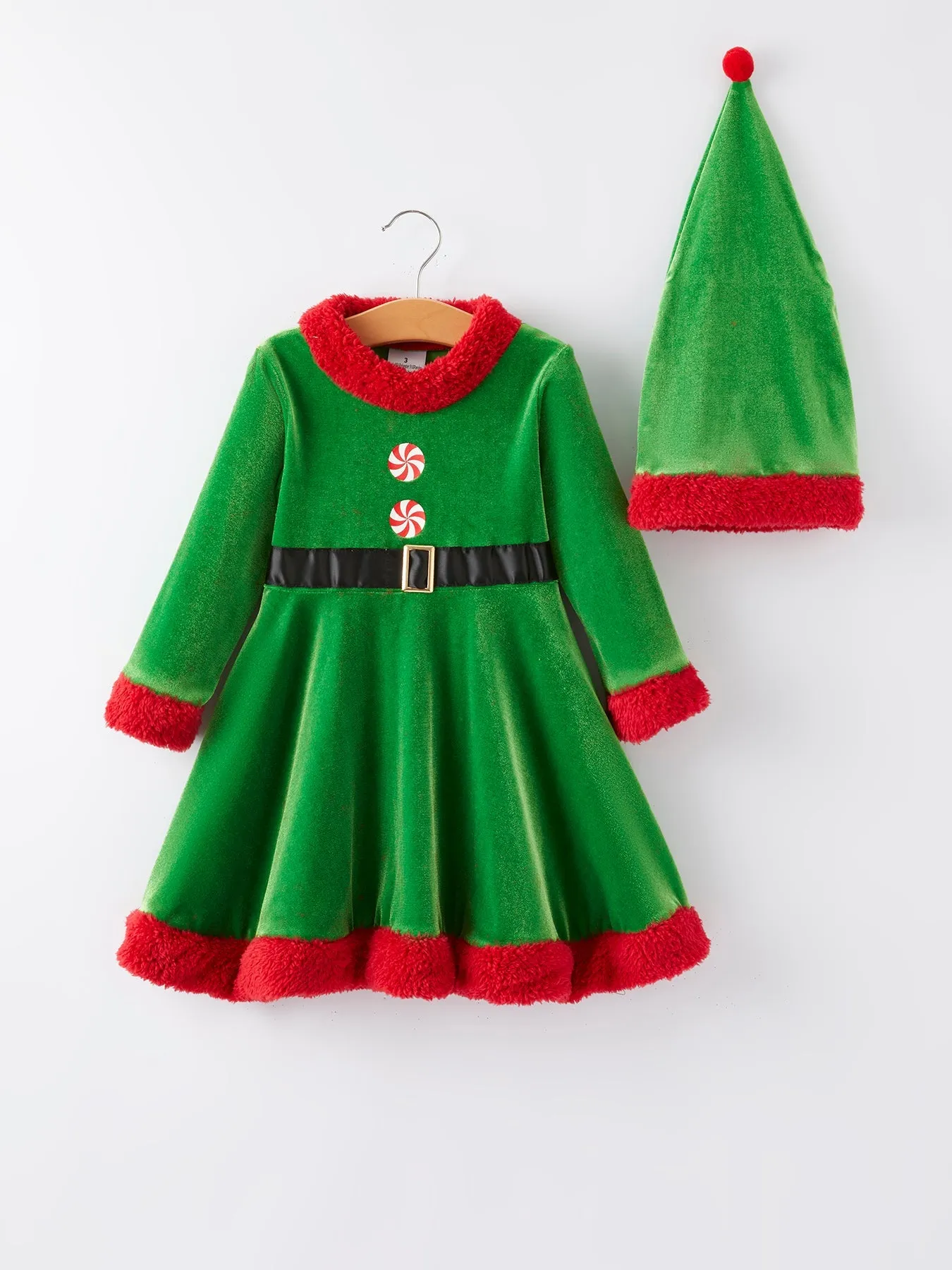 Christmas Green Velvet Girls Dress with hat