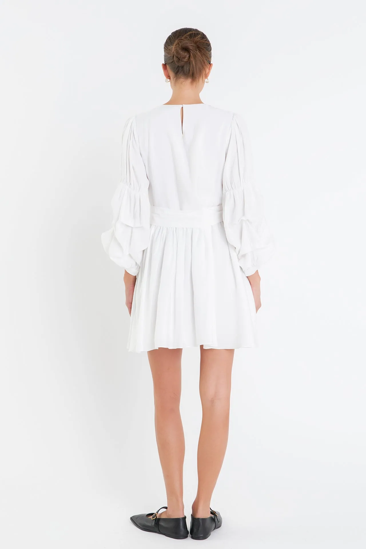 Cinched Puff Sleeve Belted Dress