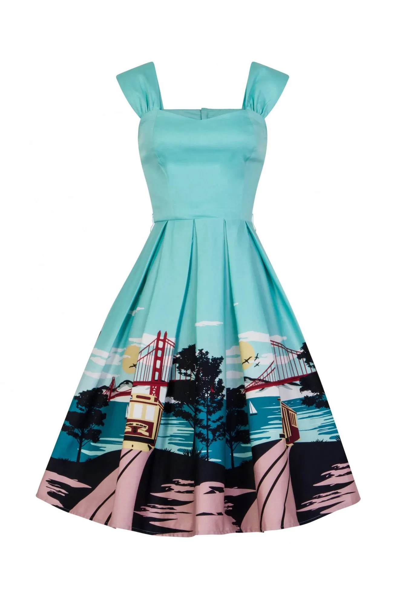 Collectif Aqua Blue San Francisco City Print 50s Swing Dress