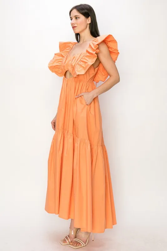 Coral Cotton Ruffle Shoulder Tiered Sleeve Maxi Dress