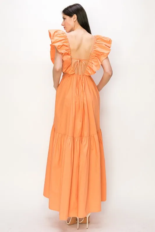 Coral Cotton Ruffle Shoulder Tiered Sleeve Maxi Dress