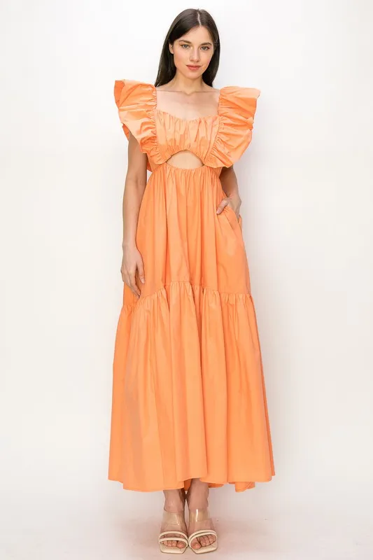 Coral Cotton Ruffle Shoulder Tiered Sleeve Maxi Dress