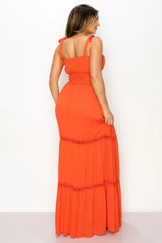 Coral Maxi Dress Gauze Crinkle Tie Detail Strap