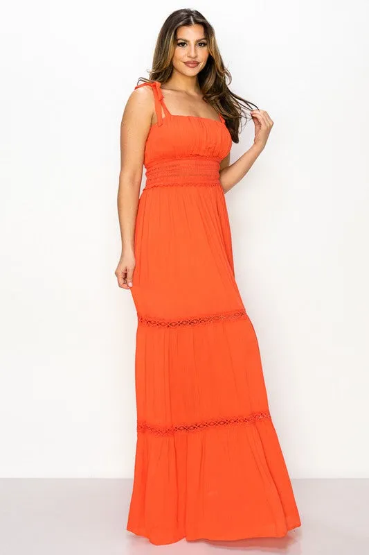 Coral Maxi Dress Gauze Crinkle Tie Detail Strap