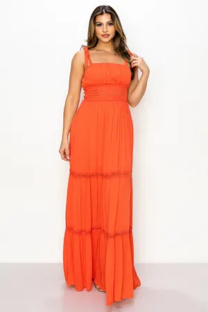 Coral Maxi Dress Gauze Crinkle Tie Detail Strap