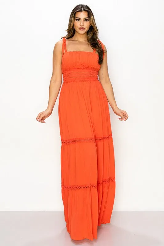 Coral Maxi Dress Gauze Crinkle Tie Detail Strap