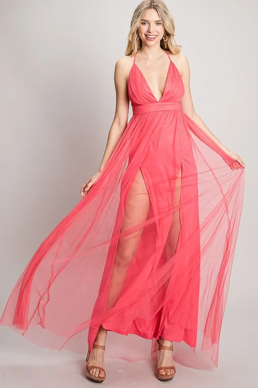 Coral Mesh Long Dress