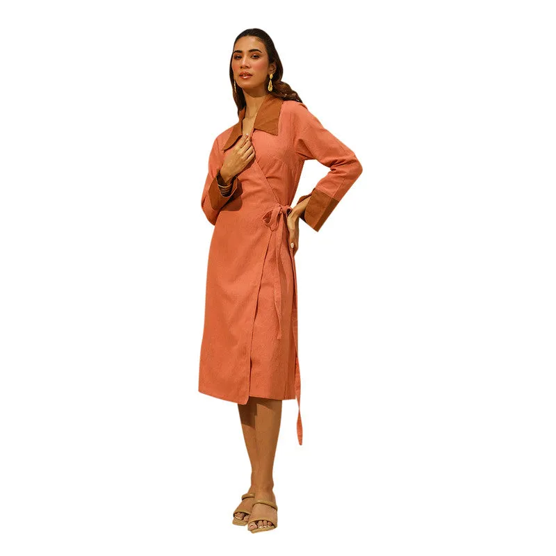 Cotton Linen Wrap Dress for Women | Salmon Pink