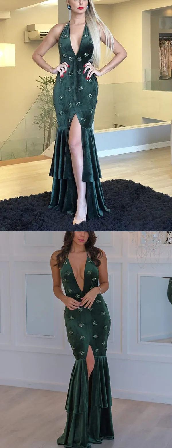 Dark Green Velvet Beading Mermaid Halter Slit Prom Dresses.PD00260