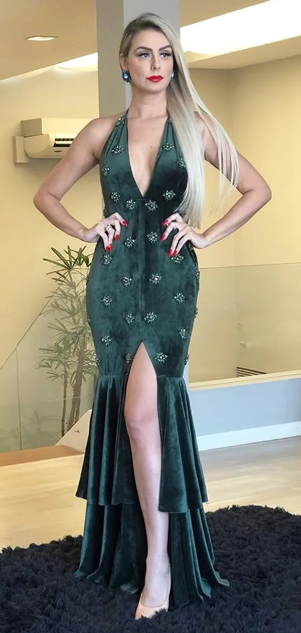 Dark Green Velvet Beading Mermaid Halter Slit Prom Dresses.PD00260