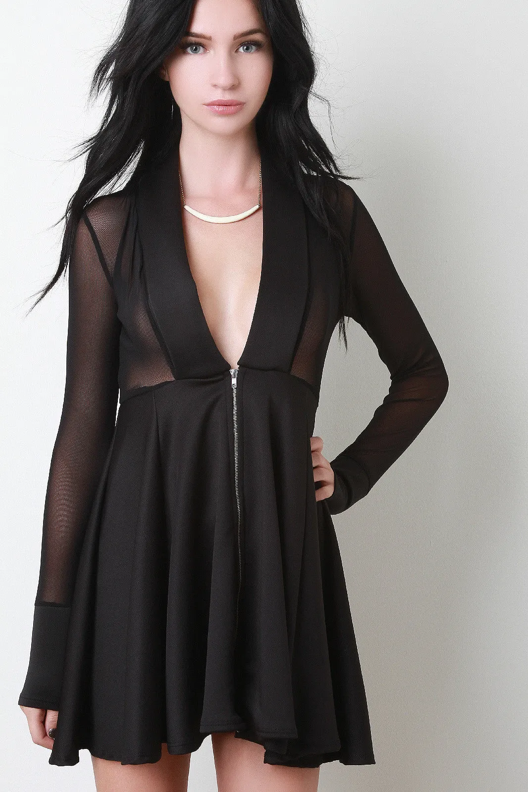 Deep V-Neck Mesh Contrast Long Sleeves Fit And Flare Dress