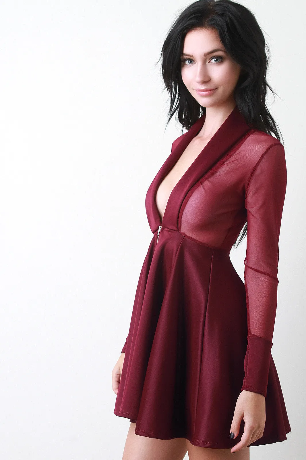 Deep V-Neck Mesh Contrast Long Sleeves Fit And Flare Dress