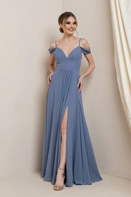 Dusty Blue Beautiful Dress With Shoulder Detail And See-through Lace Back With Side Slit