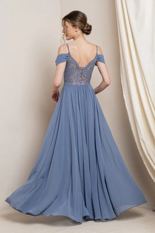 Dusty Blue Beautiful Dress With Shoulder Detail And See-through Lace Back With Side Slit