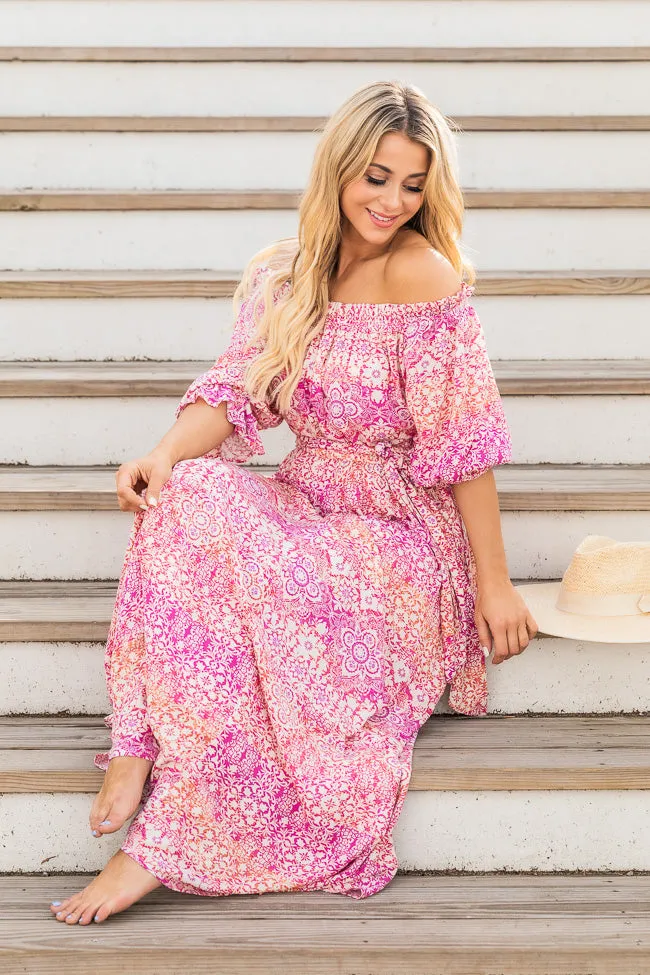 Dynamic Love Pink Printed Off The Shoulder Maxi Dress FINAL SALE