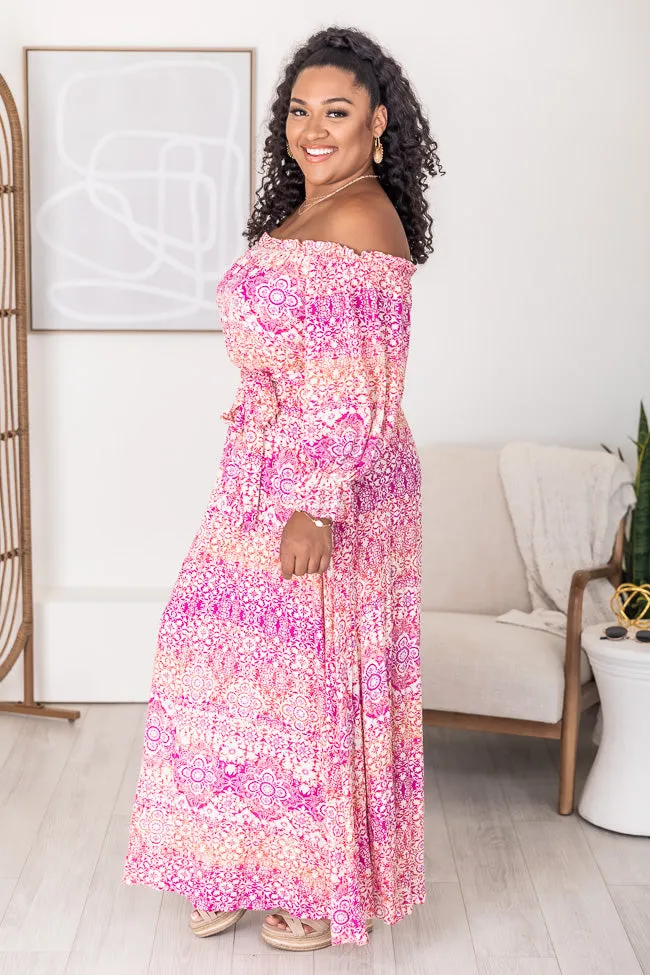 Dynamic Love Pink Printed Off The Shoulder Maxi Dress FINAL SALE