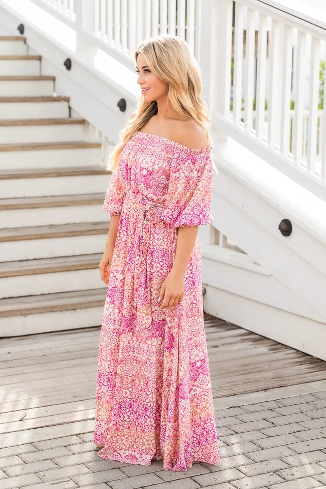 Dynamic Love Pink Printed Off The Shoulder Maxi Dress FINAL SALE