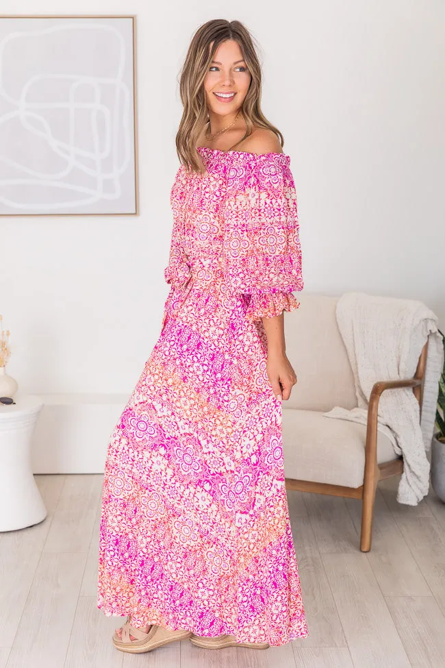 Dynamic Love Pink Printed Off The Shoulder Maxi Dress FINAL SALE