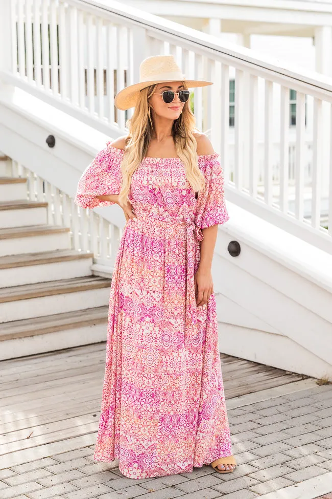 Dynamic Love Pink Printed Off The Shoulder Maxi Dress FINAL SALE