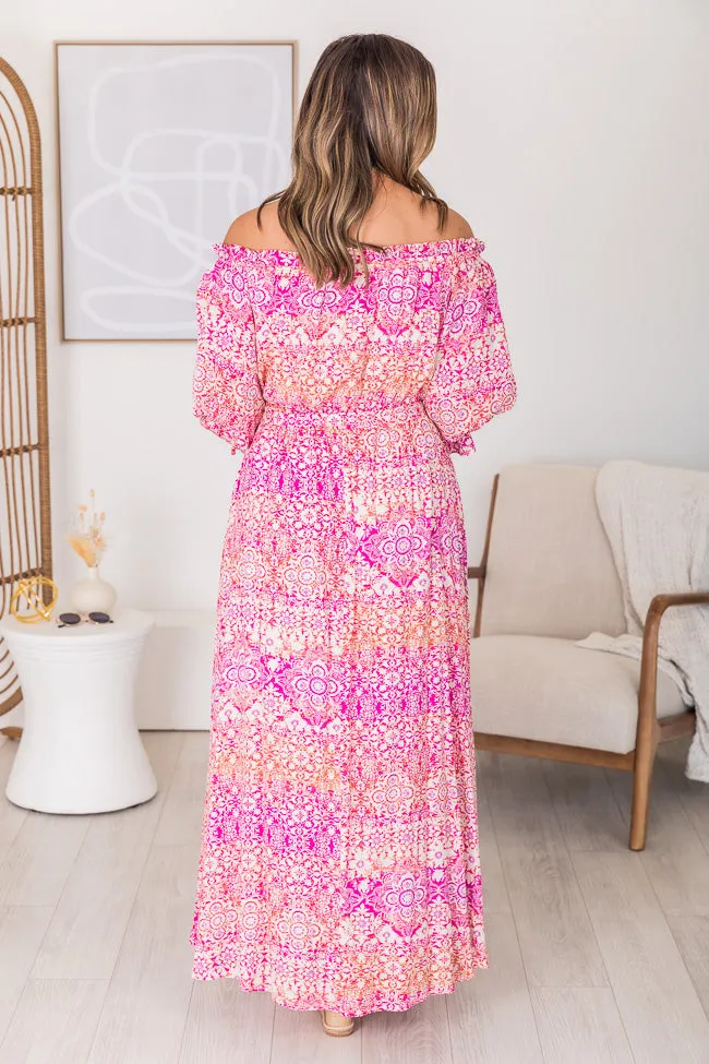 Dynamic Love Pink Printed Off The Shoulder Maxi Dress FINAL SALE