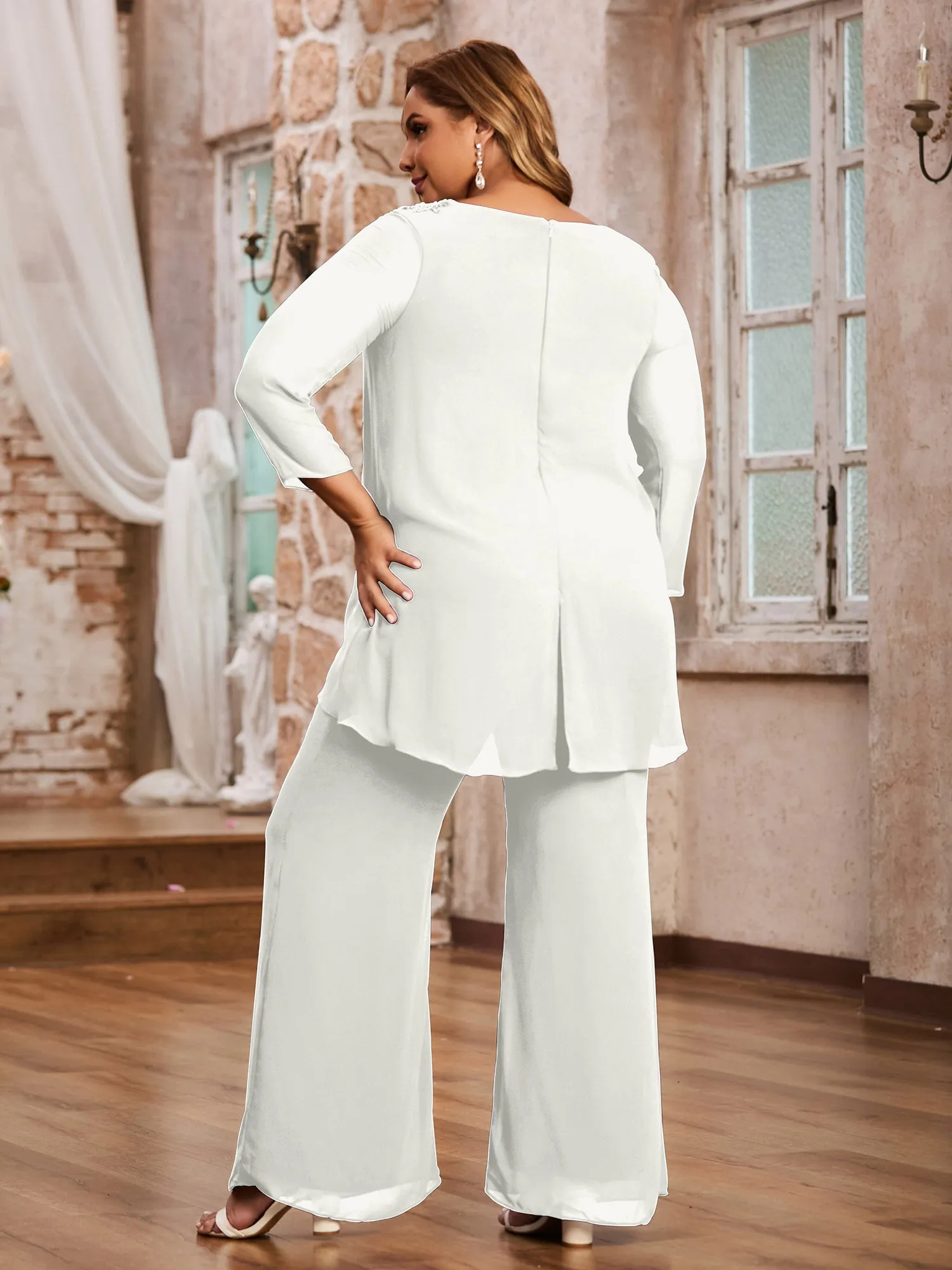 Elegant Chiffon Pant Suit with Long Sleeves-Ivory