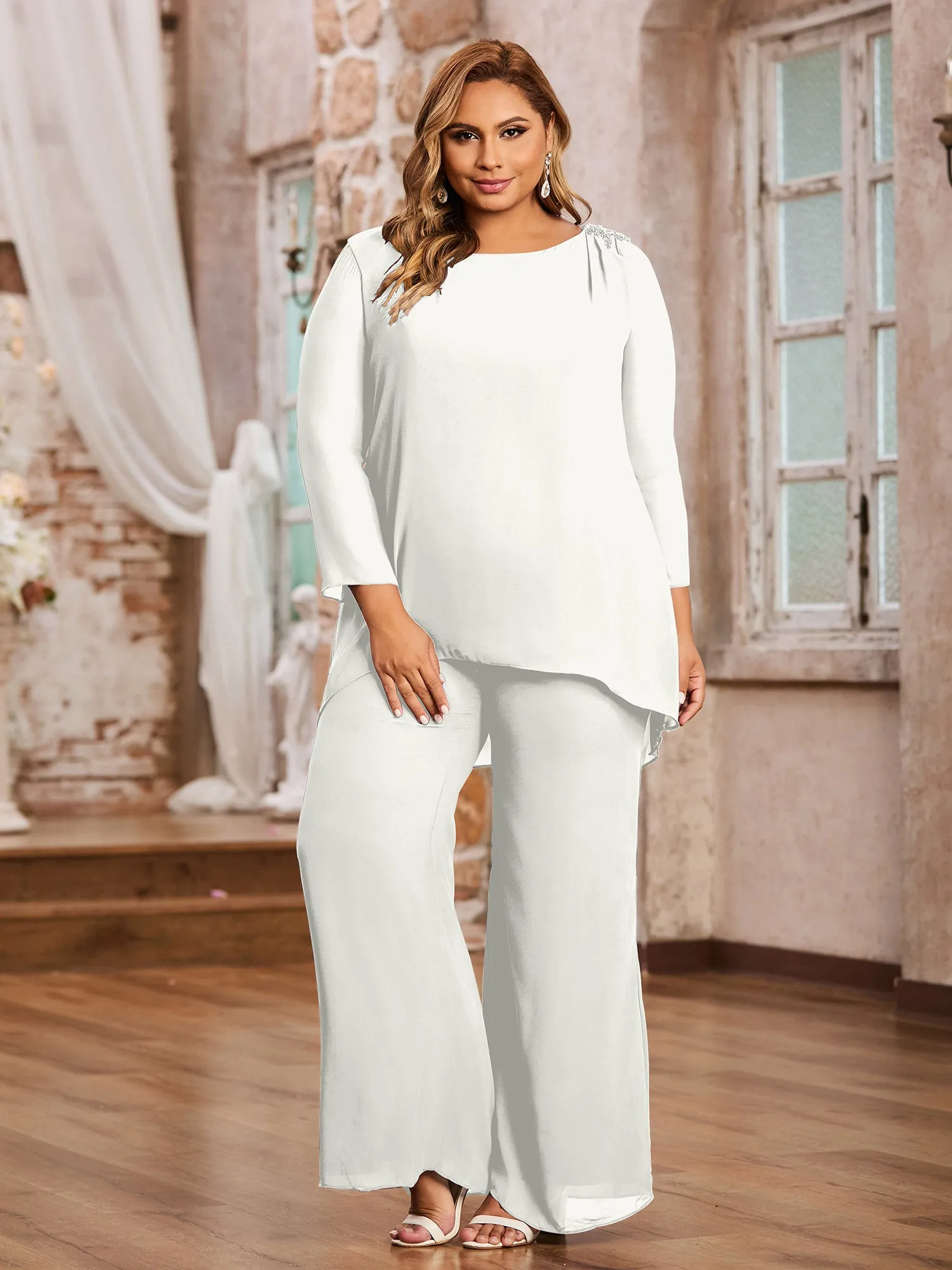 Elegant Chiffon Pant Suit with Long Sleeves-Ivory