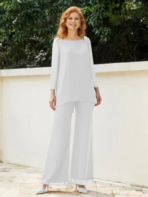 Elegant Chiffon Pant Suit with Long Sleeves-Ivory