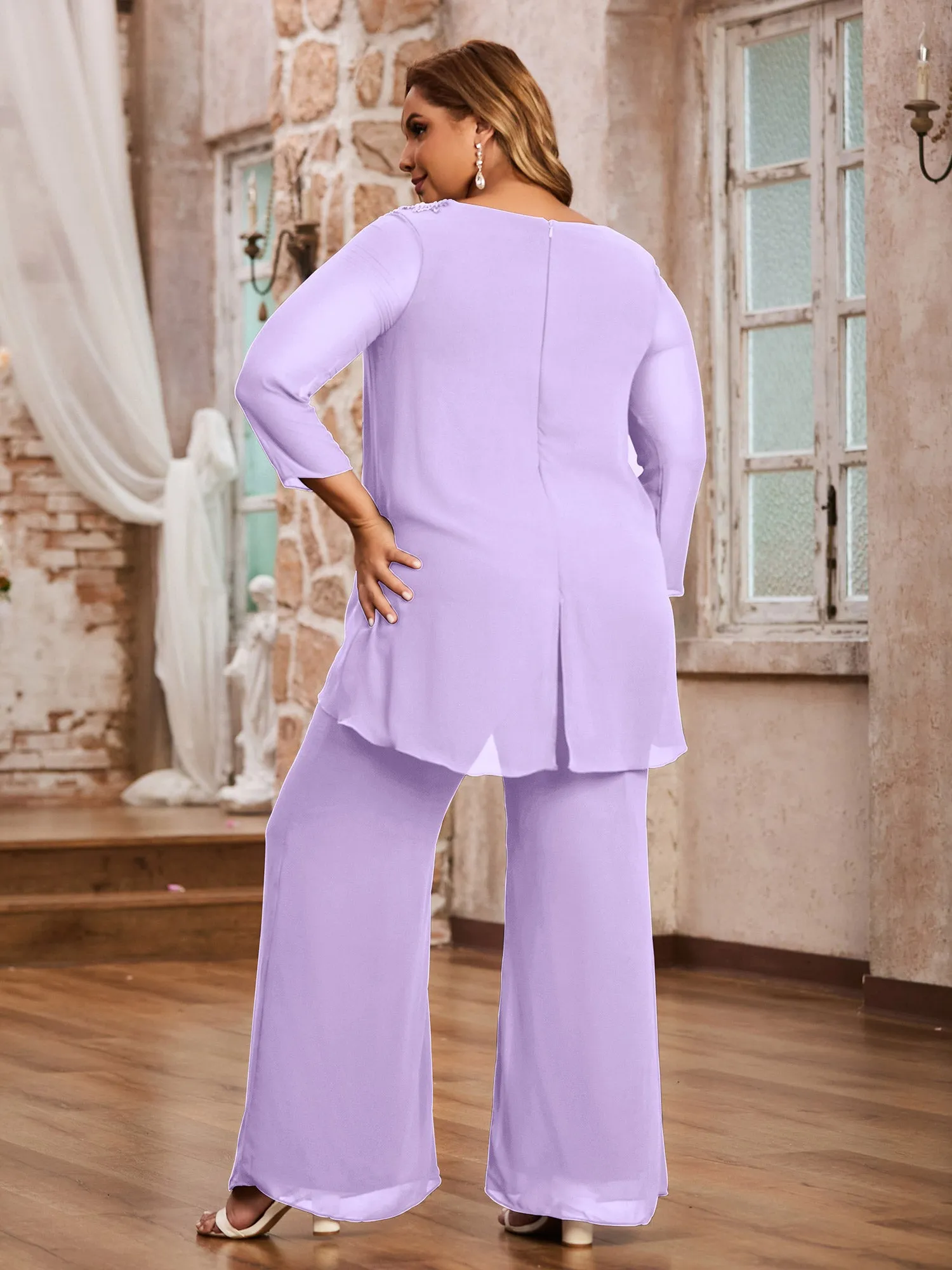 Elegant Chiffon Pant Suit with Long Sleeves-Lilac