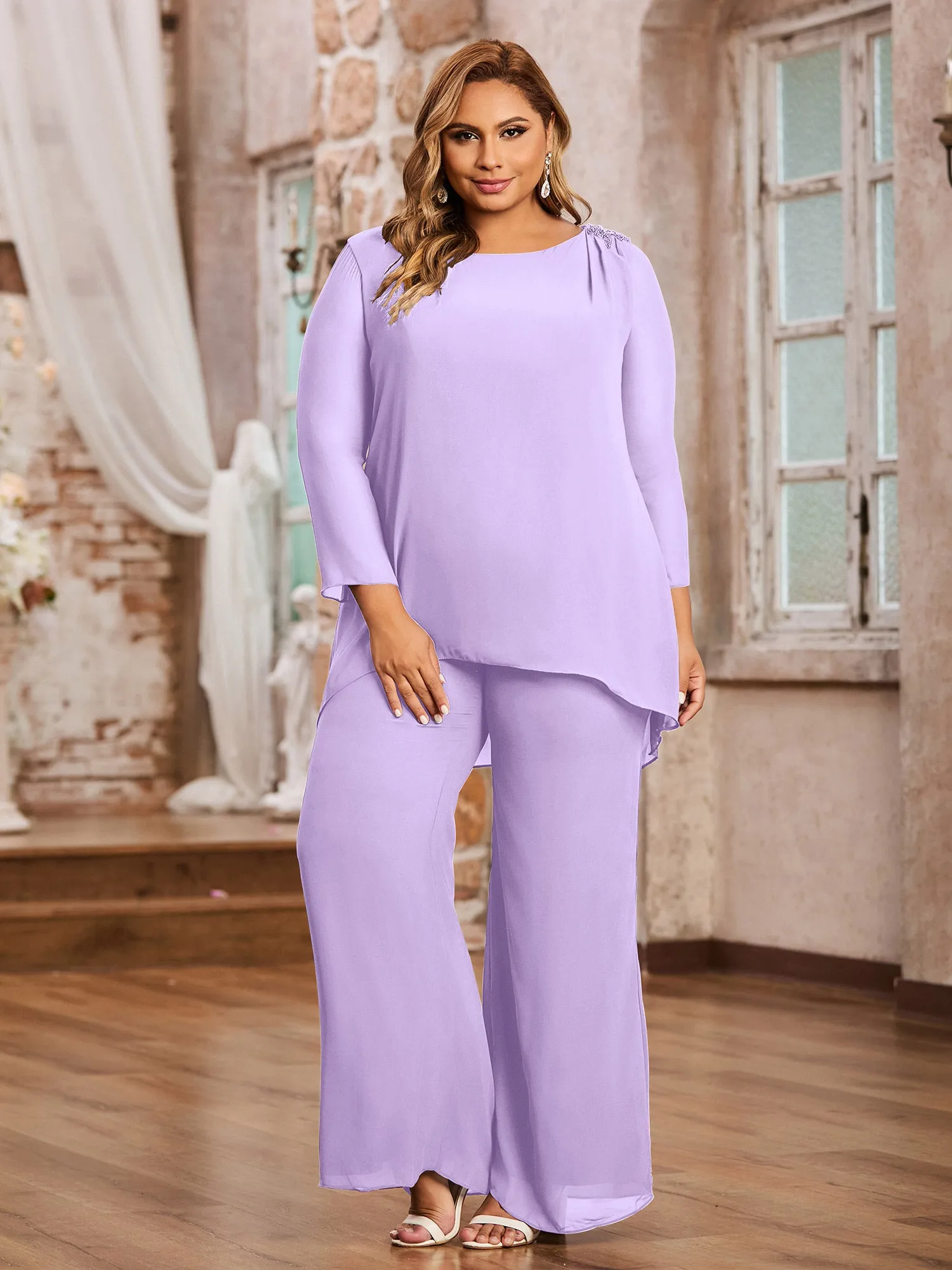 Elegant Chiffon Pant Suit with Long Sleeves-Lilac